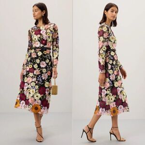 $598 Mac Duggal Size 14 High Neck Black Floral Embroidery Long Sleeve Midi Dress